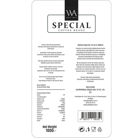 White Angel Kolombiya & Brezilya Special Çekirdek Kahve 1000 Gr