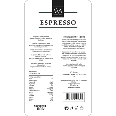 WHITE ANGEL Profesyonel Espresso Deneyimi Yoğun Krema Espresso Kahve 1000g